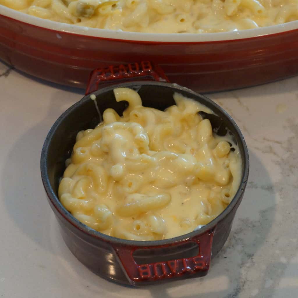 Creamy macaroni and cheese in a ramekin.