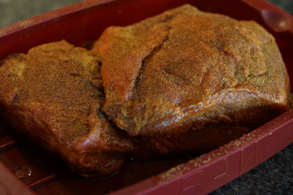 Pork butt ready to hit the smoker.