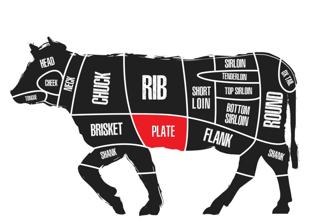 Beef diagram showing where the beef short ribs originate from.