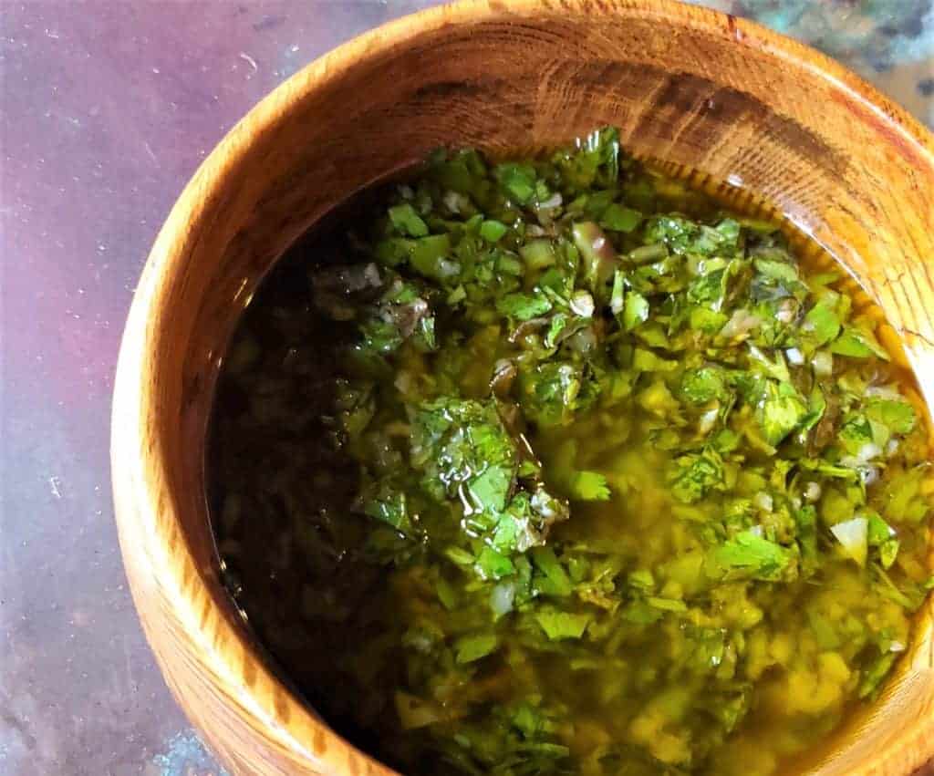 South American Chimichurri with fresh herbs and jalapeno.