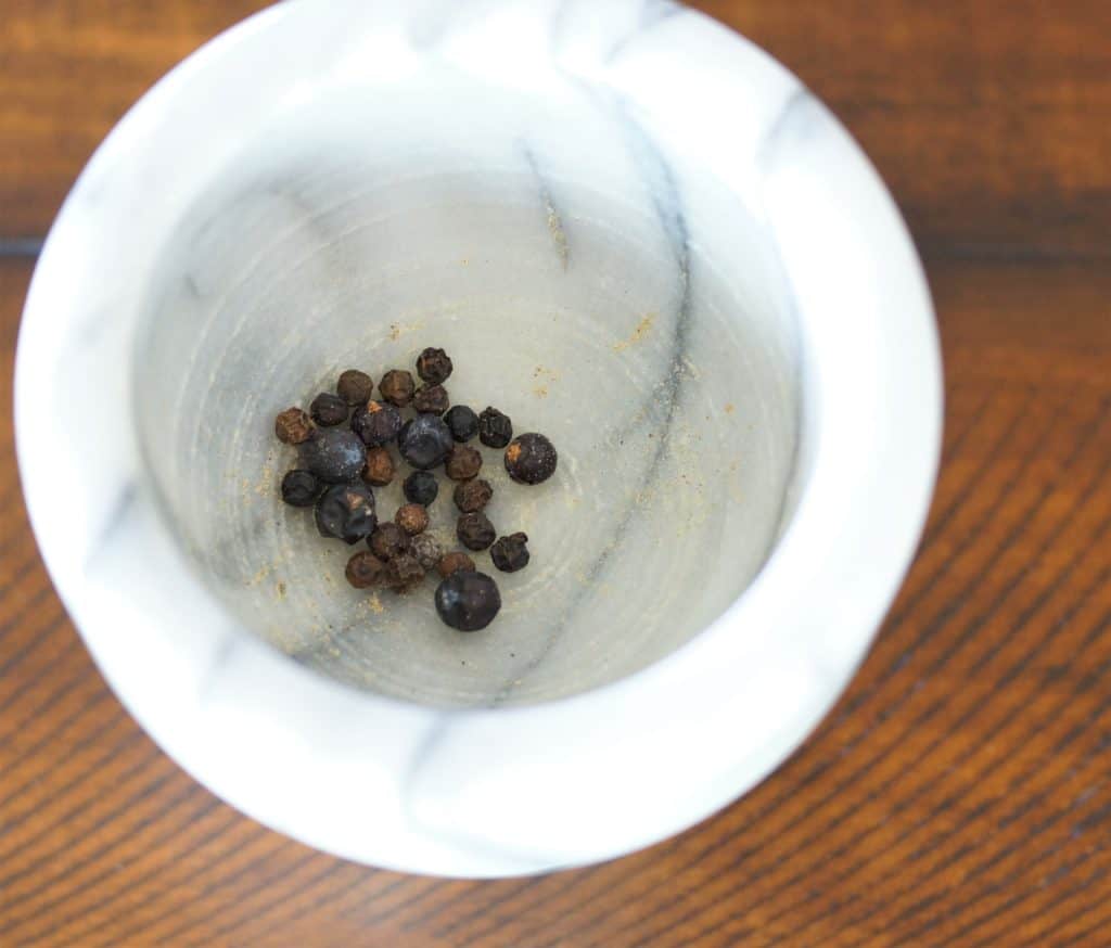 Peppercorns and Juniper berries.