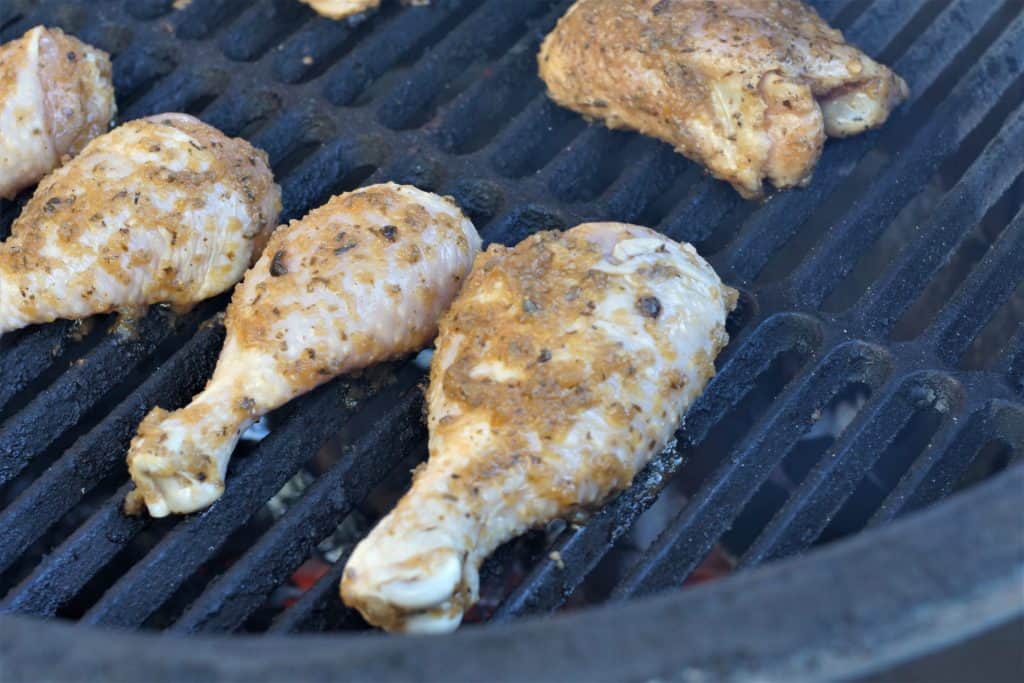 Marinated jerk chicken on a Big Green Egg.