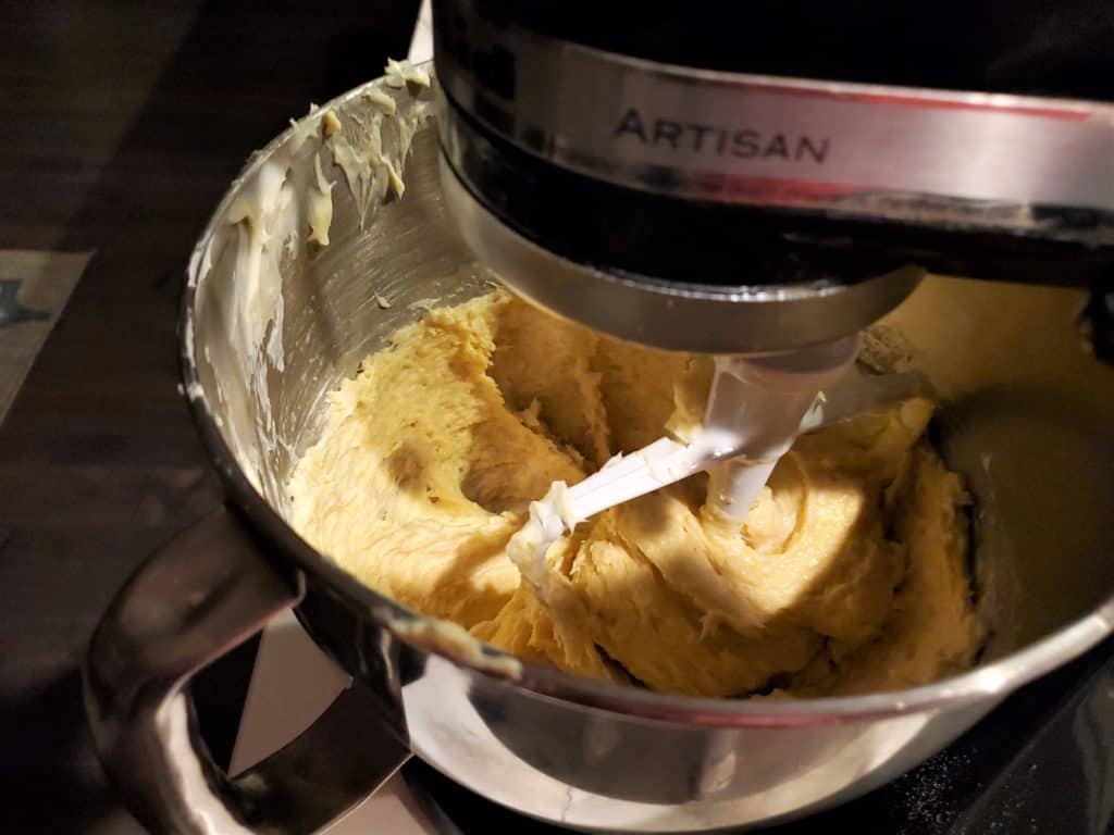 Liege waffle dough in a stand mixer.