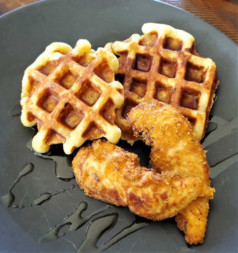 Cornflake chicken and waffles with bourbon maple syrup