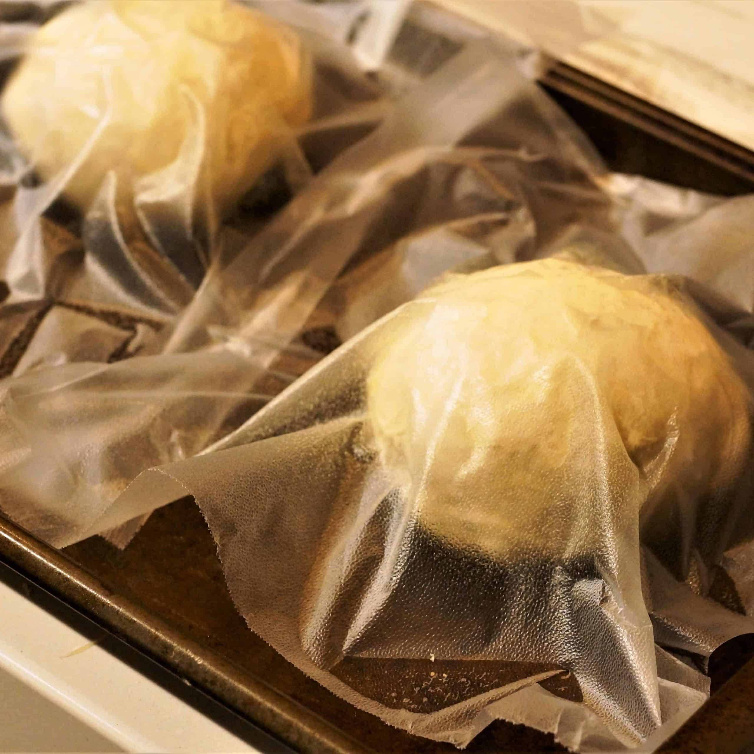 Dough balls rising, covered in plastic wrap.