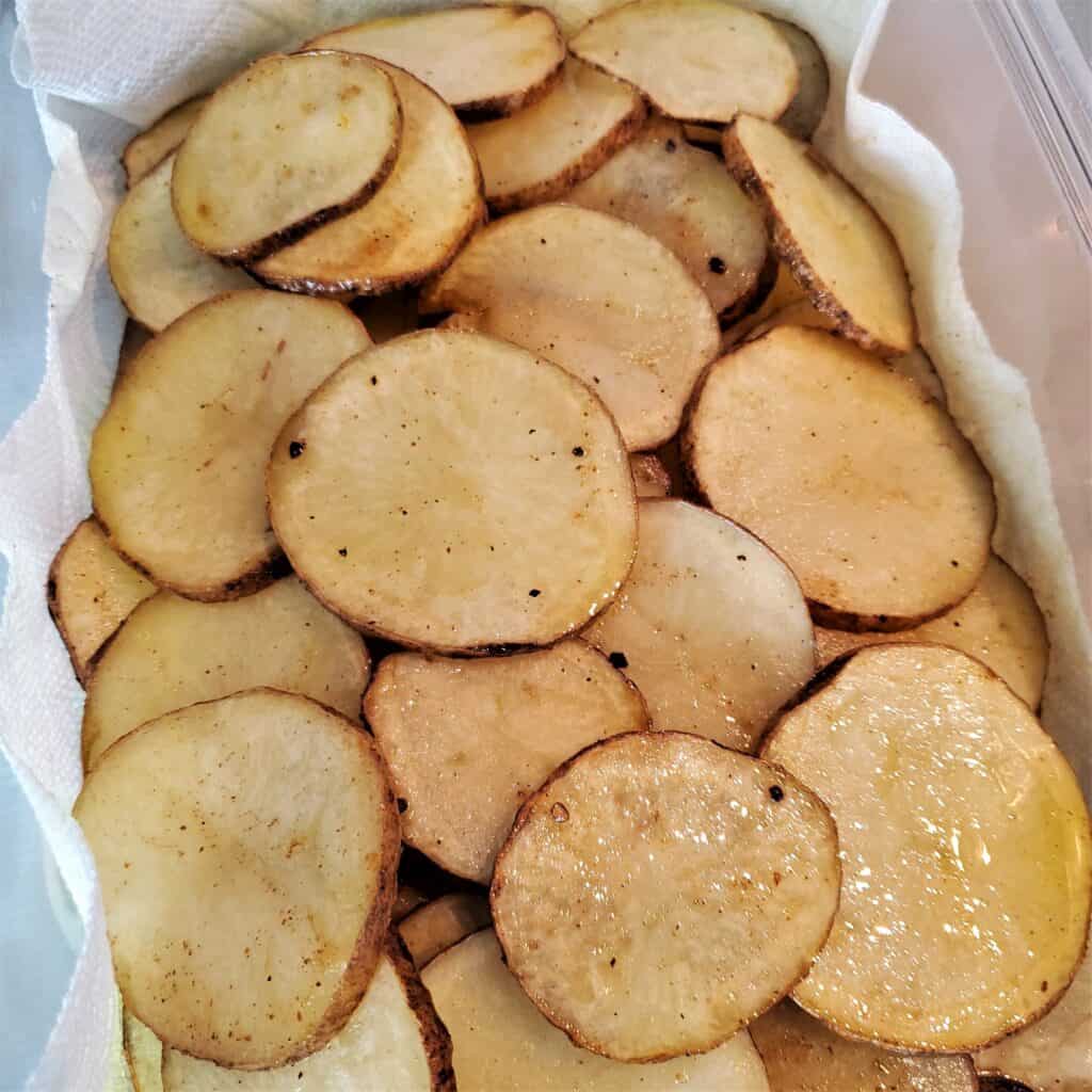 Fried potato slices on a paper towel.