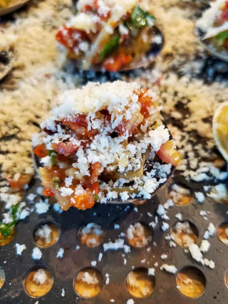 Clam casino topped with bacon and panko.
