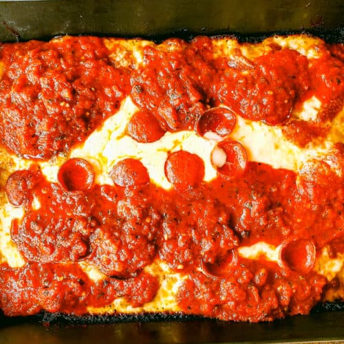 Pan of Detroit Style pizza.
