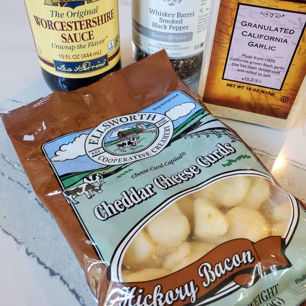 Cheese curds and other ingredients to make BBQ poutine.