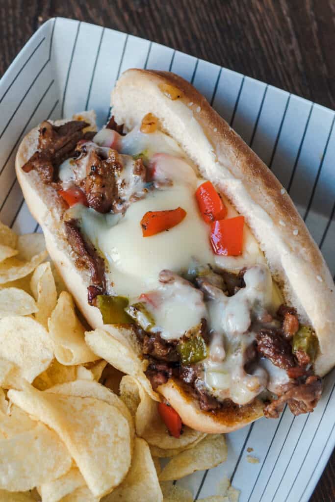 Smoked ribeye cheesesteak sandwich.