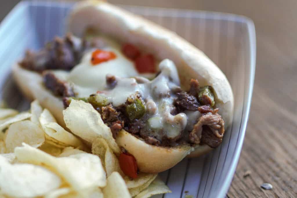 Smoked ribeye Philly cheesesteak sandwich.