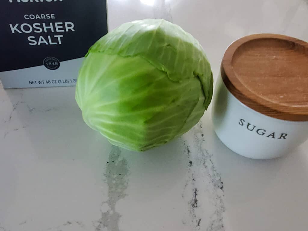 Head of green cabbage with Kosher salt and sugar.