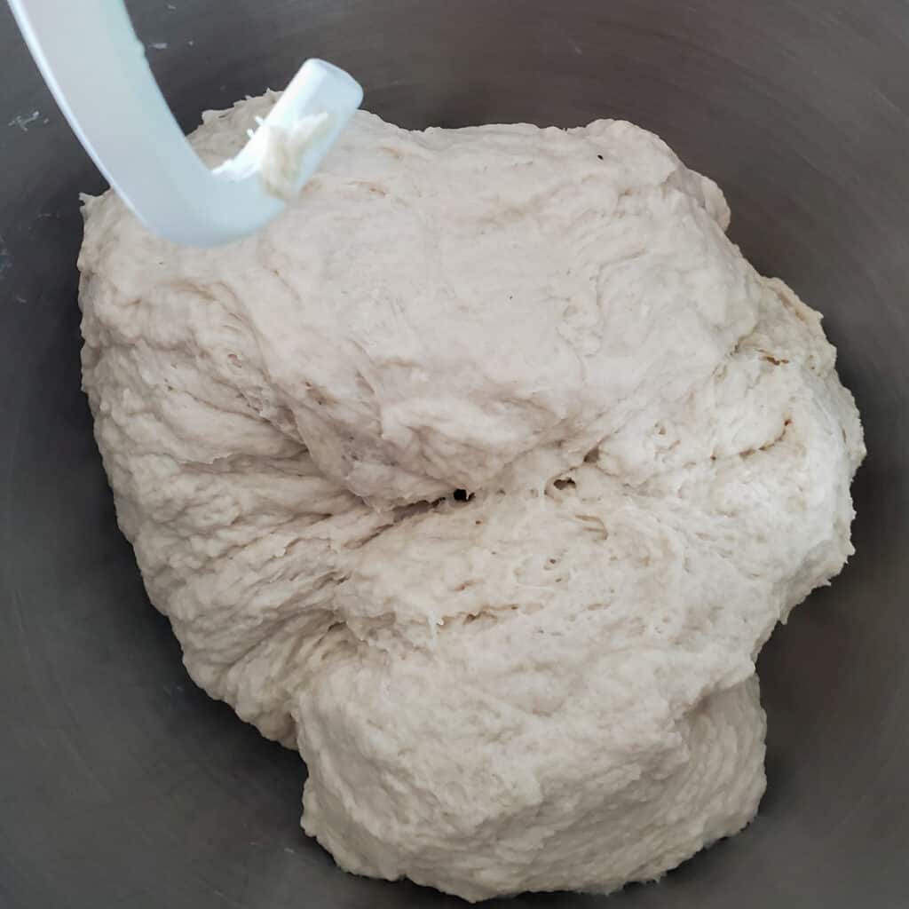 Pretzel dough in a mixing bowl.