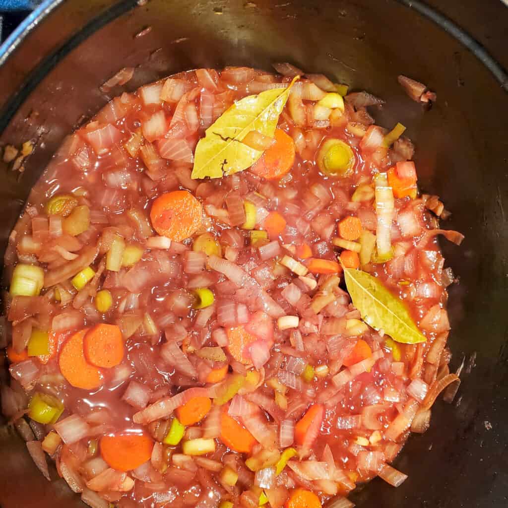 Cooking sauce for German rouladen in a Dutch oven