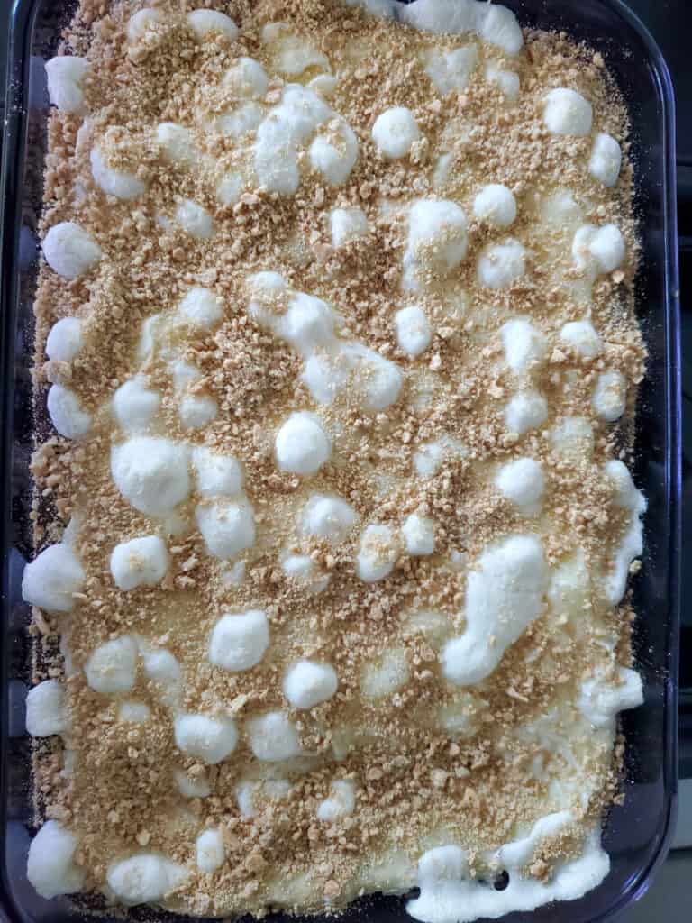 Smores Gooey Butter Cake topped with crumbed Graham crackers.