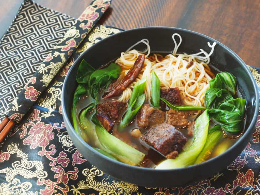 Taiwanese beef noodle soup with smoked short ribs.