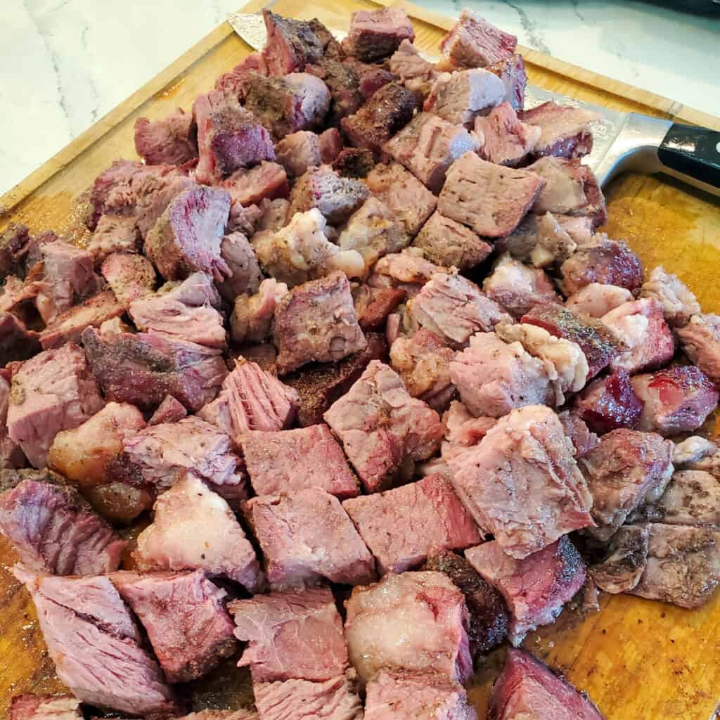 Cubed, smoked meat for chili.