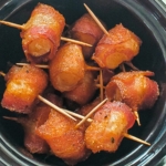 Crock pot with Bacon Wrapped Water Chestnuts.