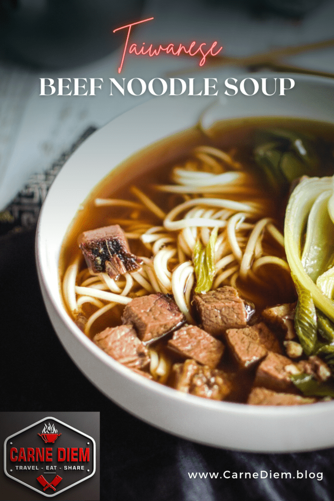 Pinterest pin for Taiwanese beef noodle soup.