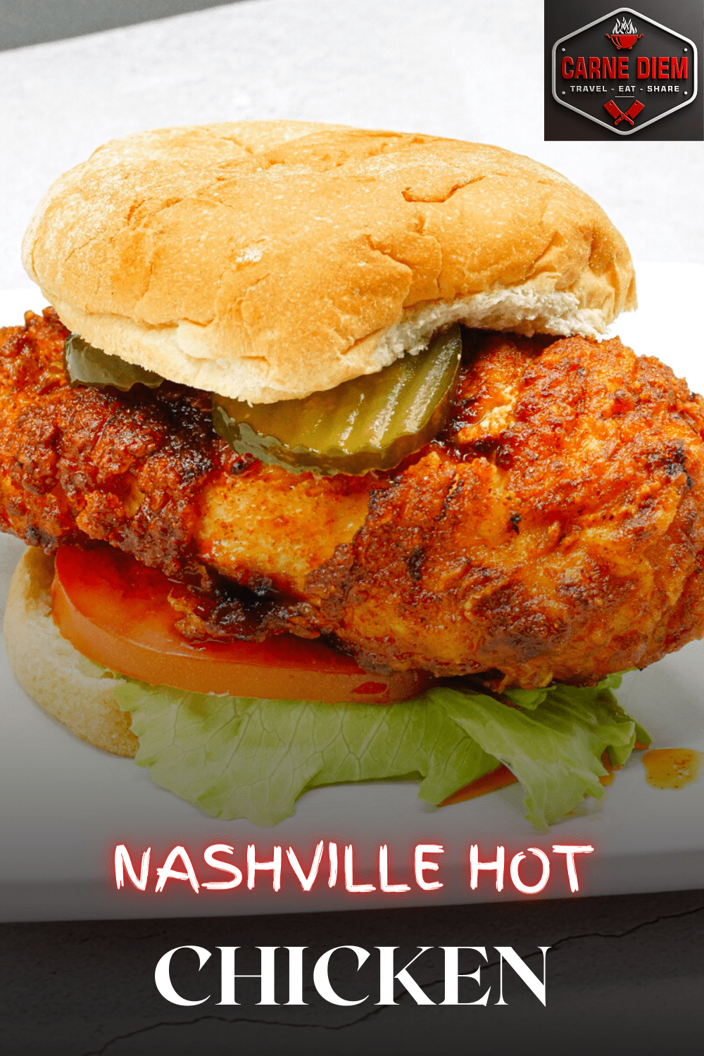 Pinterest pin for Nashville Hot chicken sandwich.