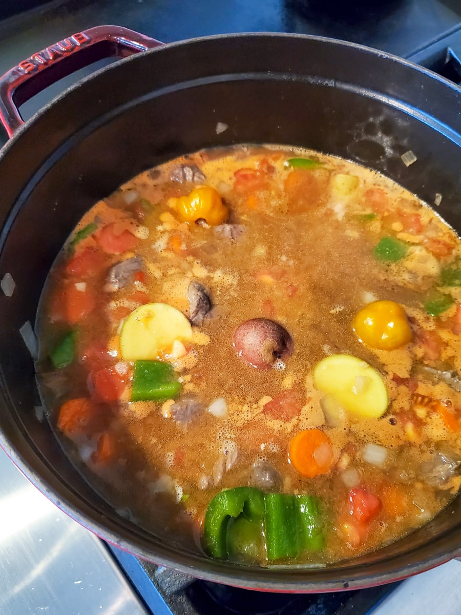 Caribbean Karni Stoba cooking in a Dutch oven.