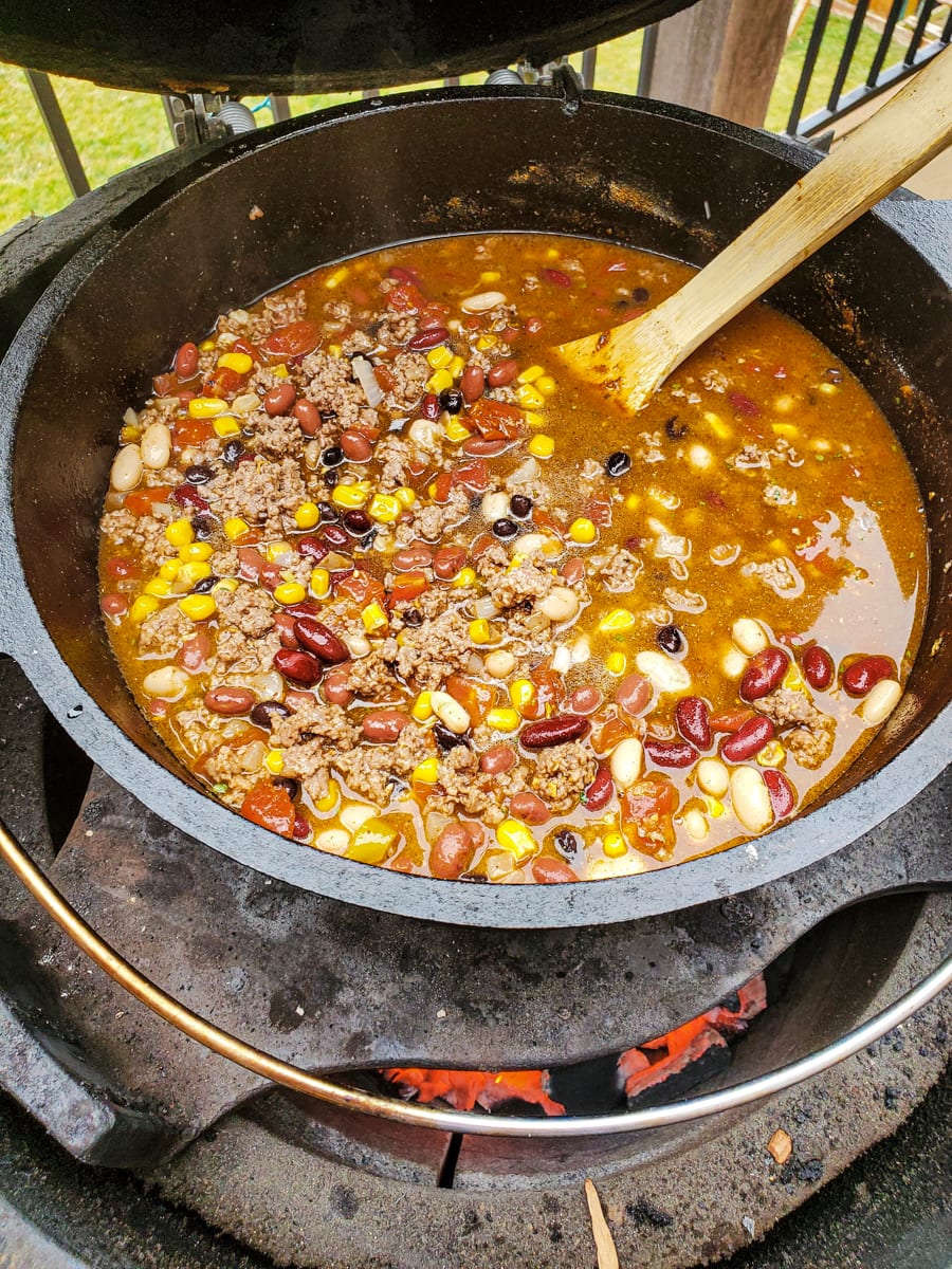 Dutch Oven taco soup cooking on a Big Green Egg grill.