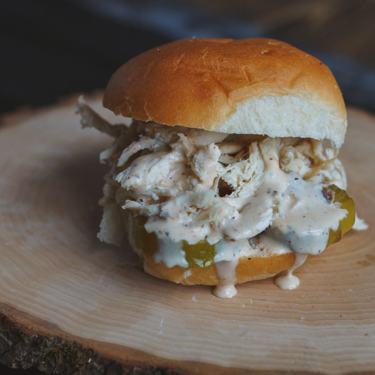 Tangy white BBQ chicken sandwich.