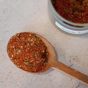 Wooden spoon with homemade Creole seasoning.