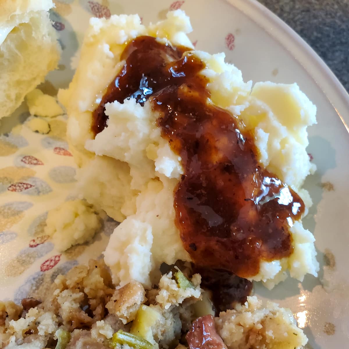 Smoked giblet gravy over mashed potatoes.