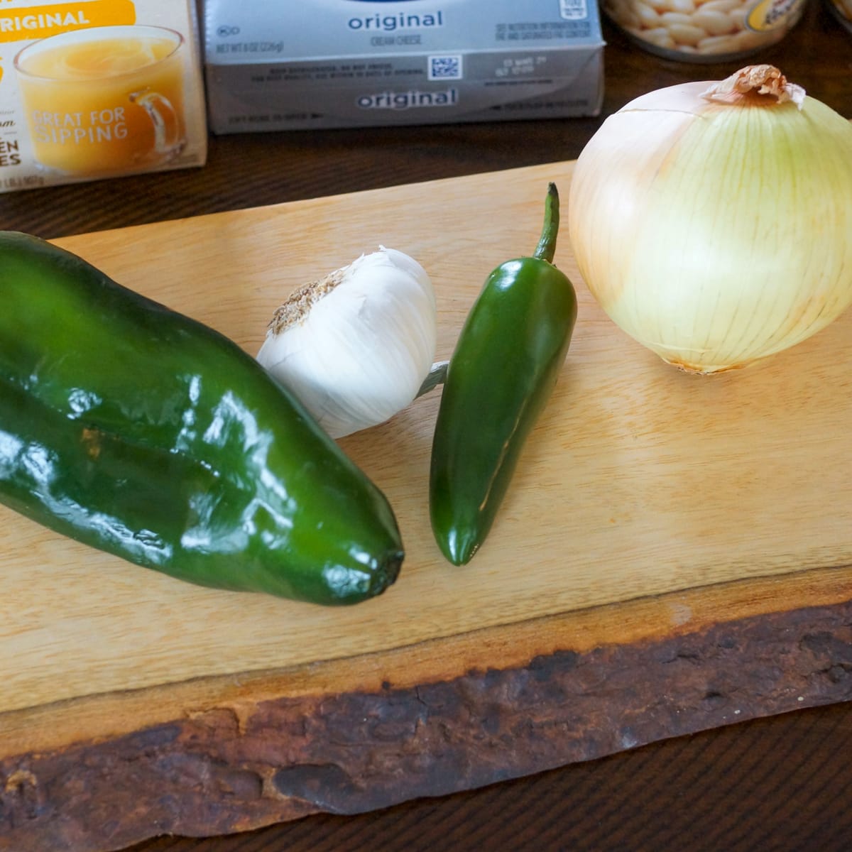 Onion, jalapeno, garlic, and a poblano pepper.