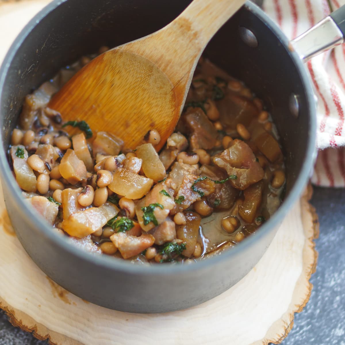 Pot of black-eyed peas and pork jowl.