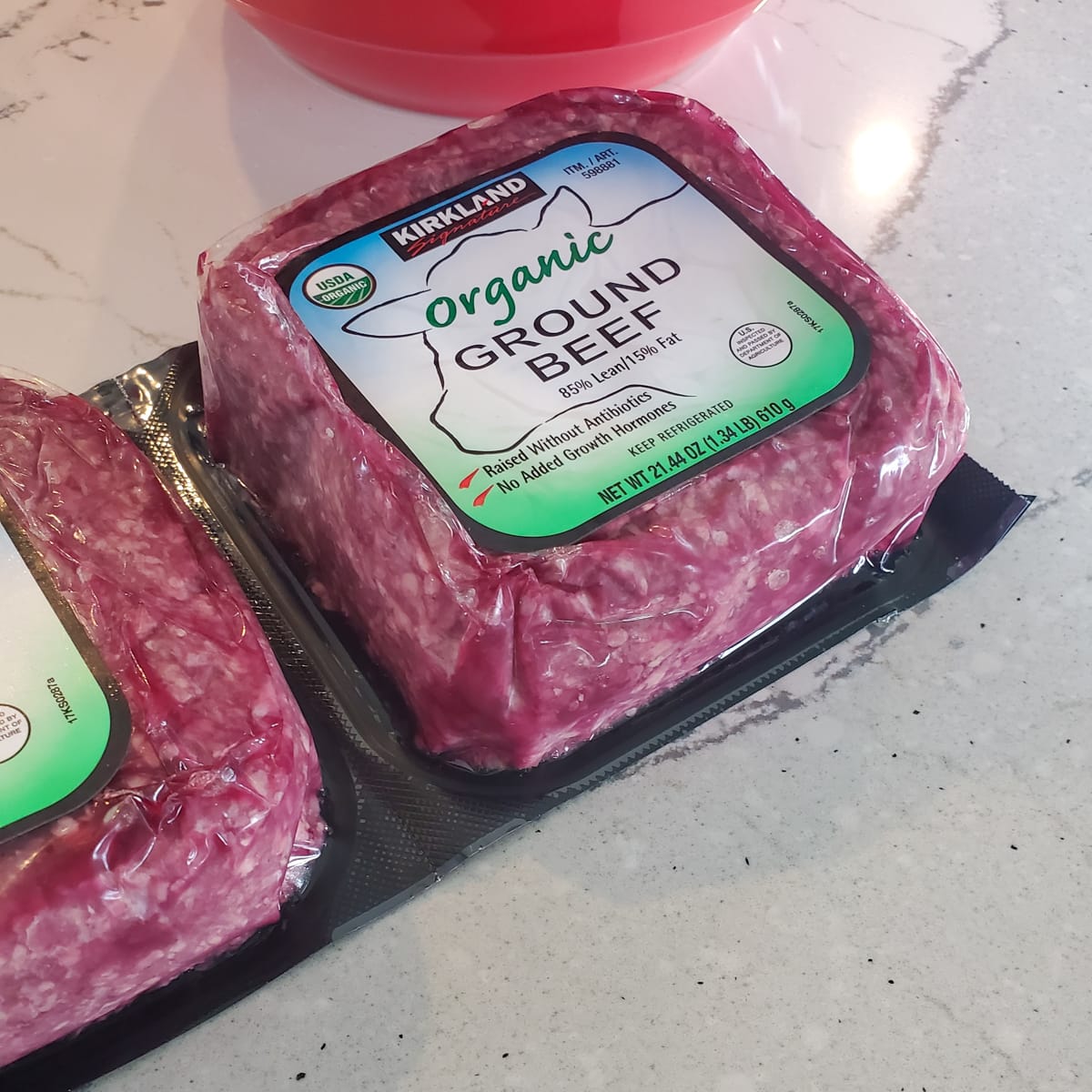 Packages of organic 85:15 ground beef.