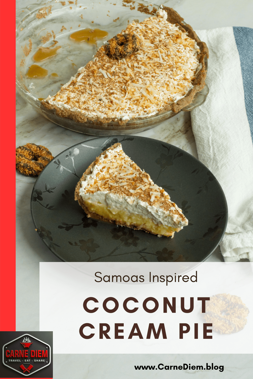 Pinterest Pin for Coconut Cream Pie with Samoas Cookies.