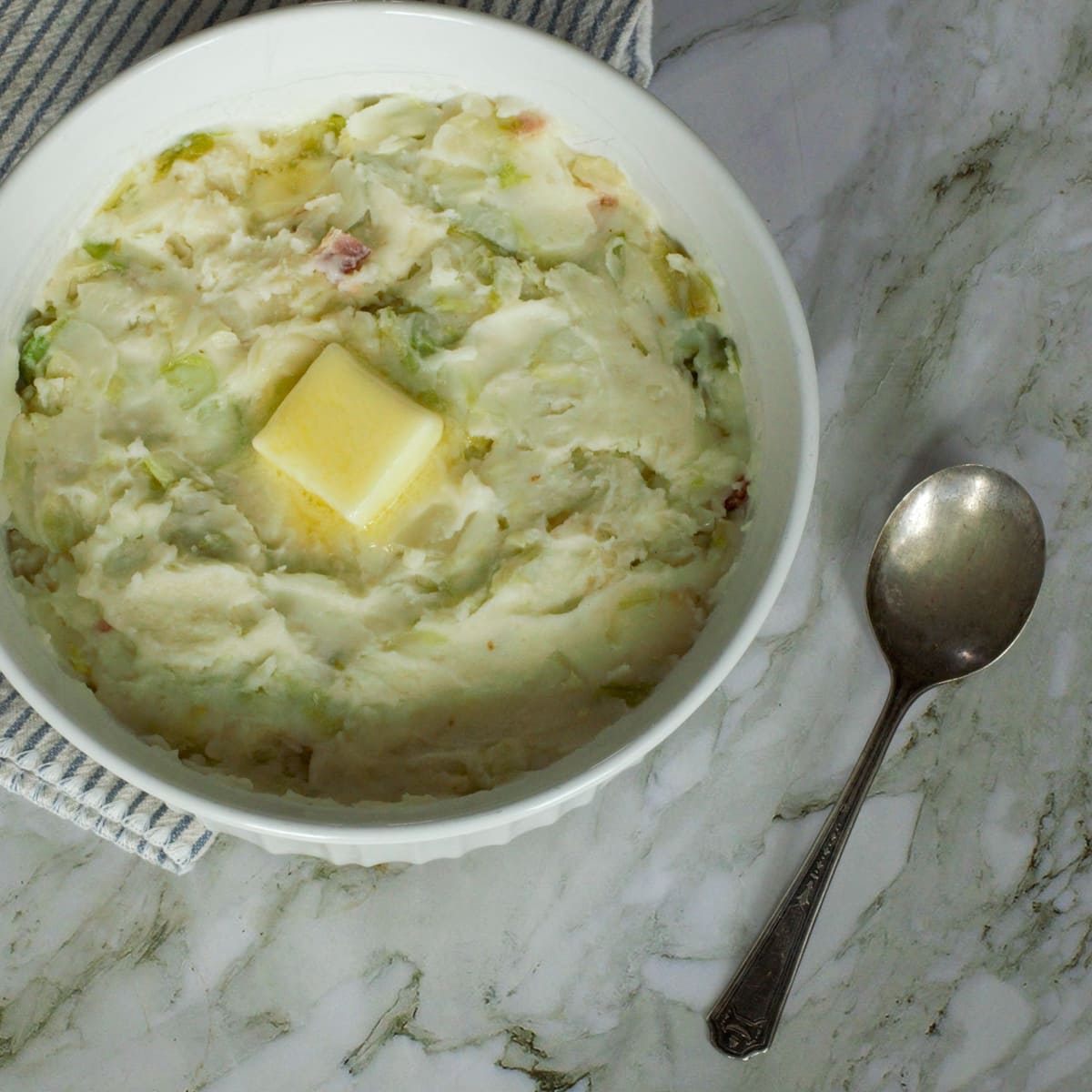 Easy colcannon with green cabbage and bacon.