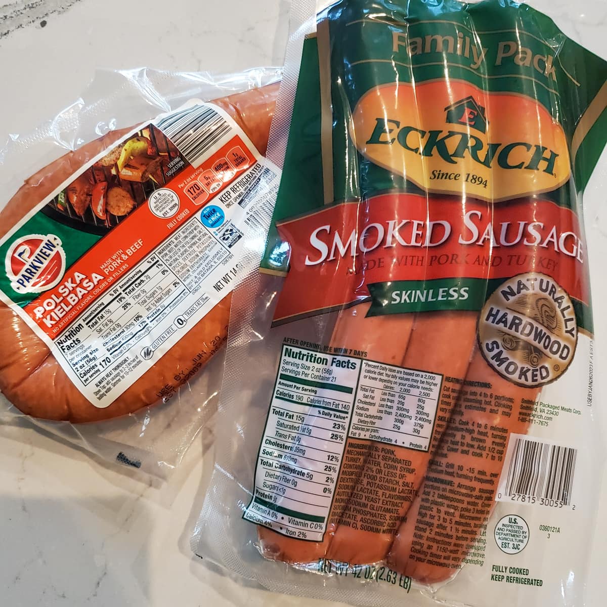 Packages of smoked sausage and andouille sausage.