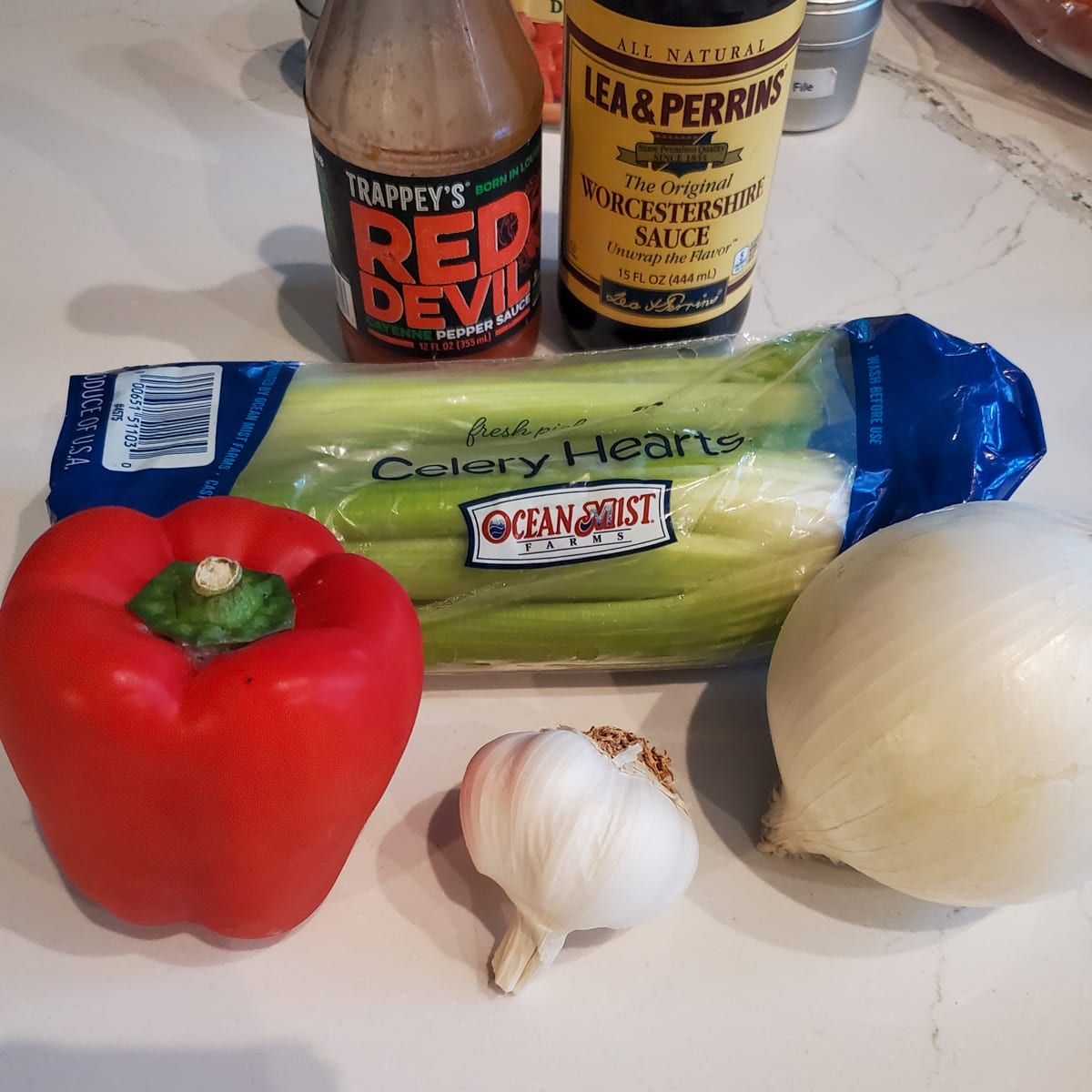 Bell pepper, celerym onion, garlic and other ingredients for jambalaya.