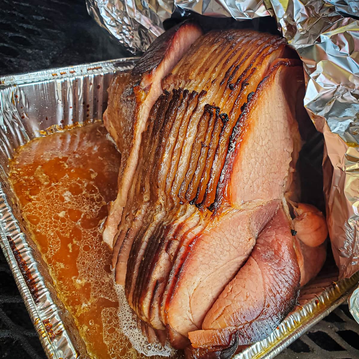 Twice smoked spiral ham in a foil pan.