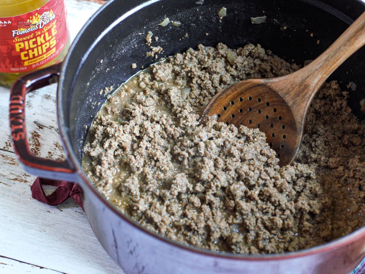 Making Nu-Way style loose meat sandwiches in a Dutch Oven.