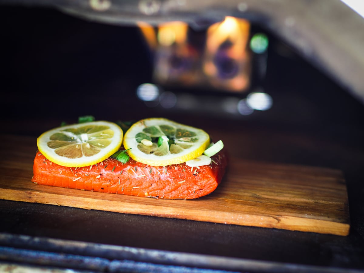 Sockeye salmon in an Ooni pizza oven.