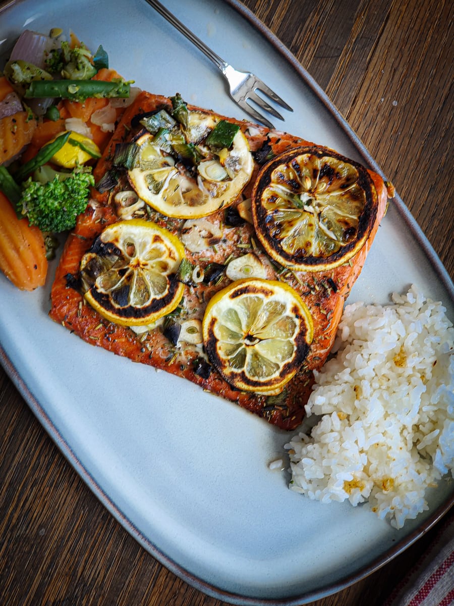 Wood fired salmon cooked in an Ooni pizza oven.