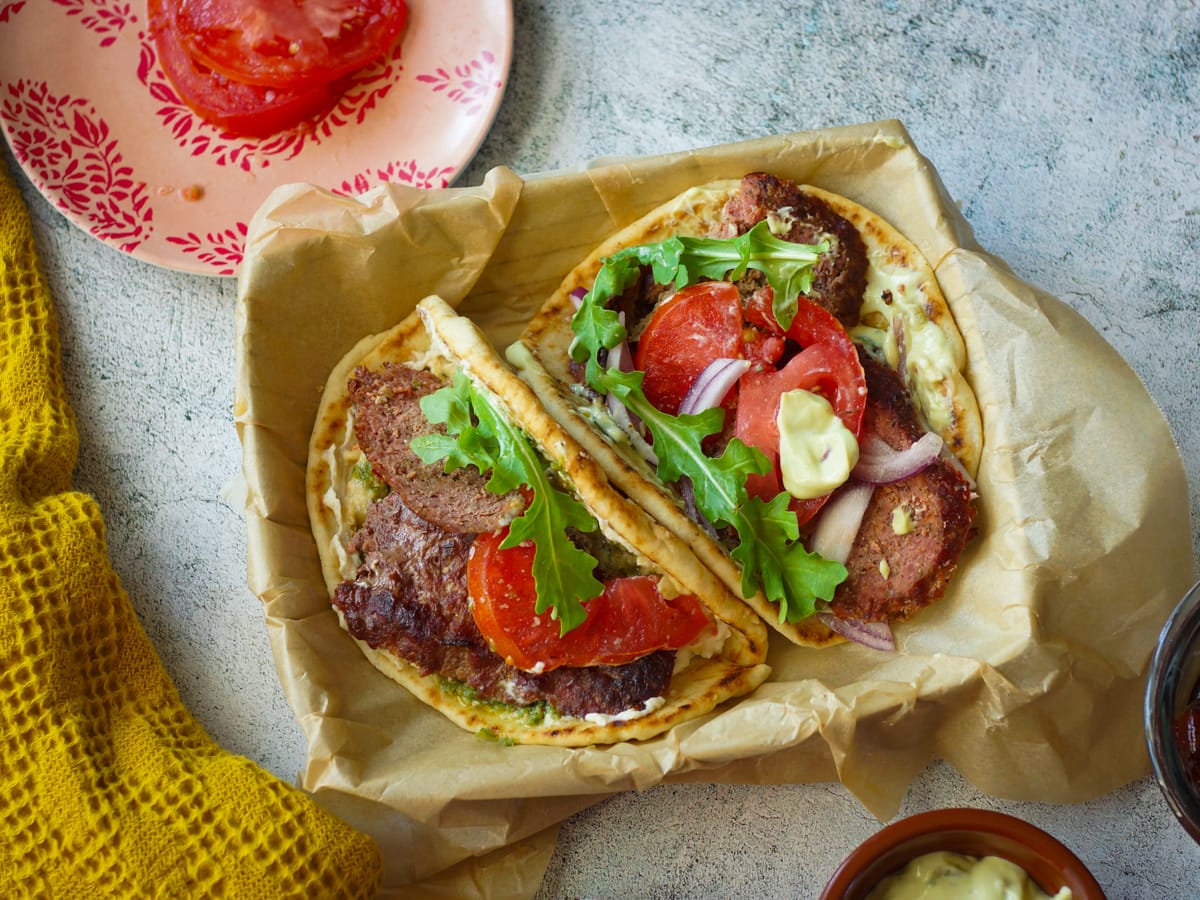 Smoked lamb and beef gyro meat in warm pitas with lettuce, tomato, and Tzatziki sauce.