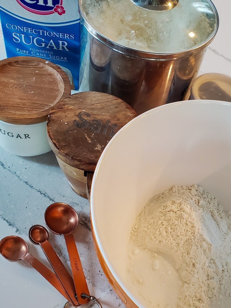 Flour and sugar in a large bowl.
