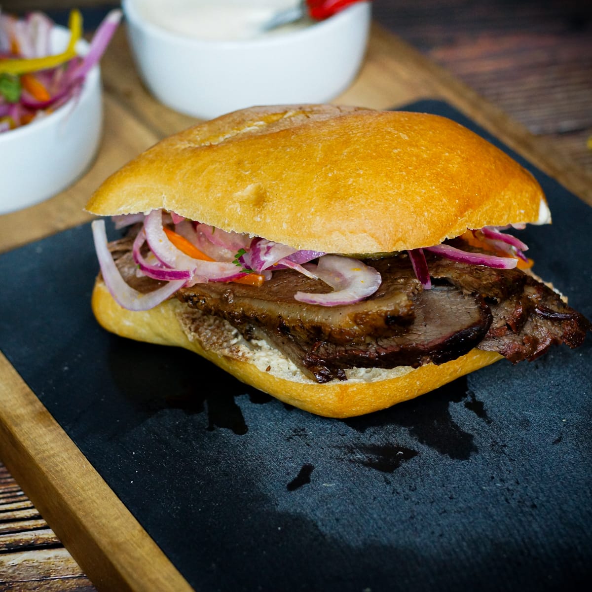 Grilled picanha sandwich with salsa criolla.