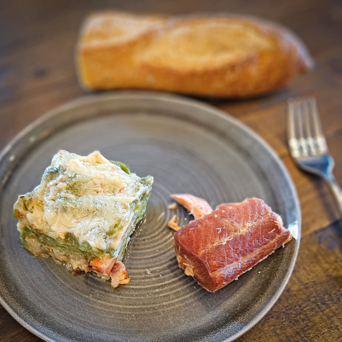 Smoked Salmon lasagna with spinach noodles.