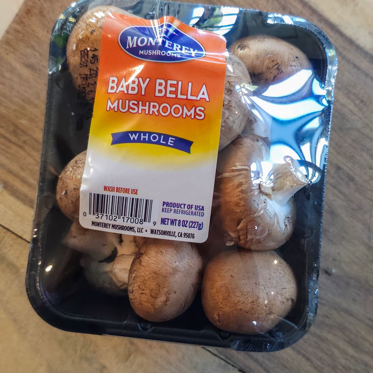 Package to fresh baby Bella mushrooms.