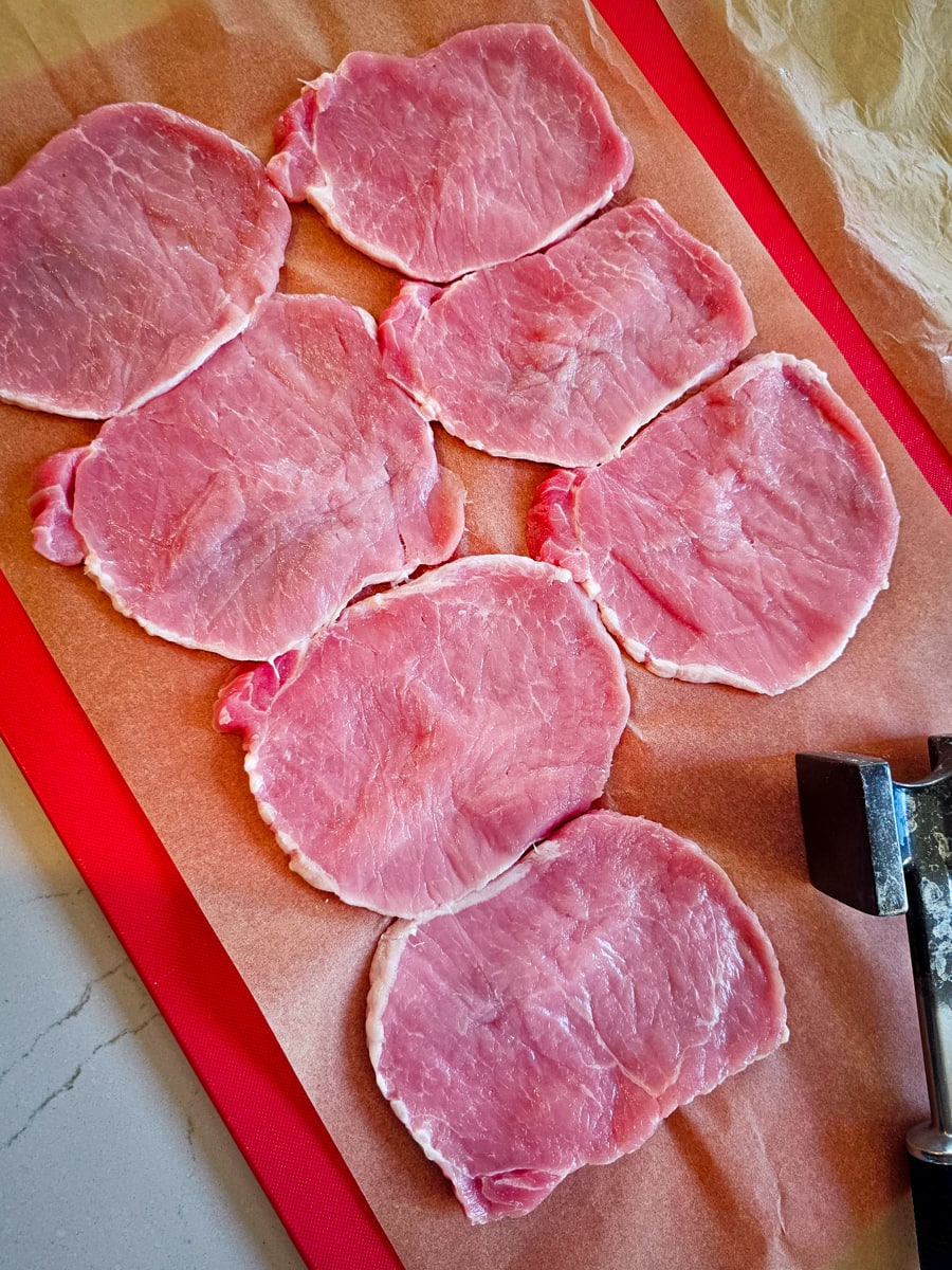 Thinly pounded pork cutlets for making schnitzel.