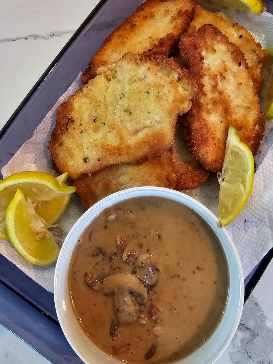 Homemade Jager sauce and pork wiener schnitzel.