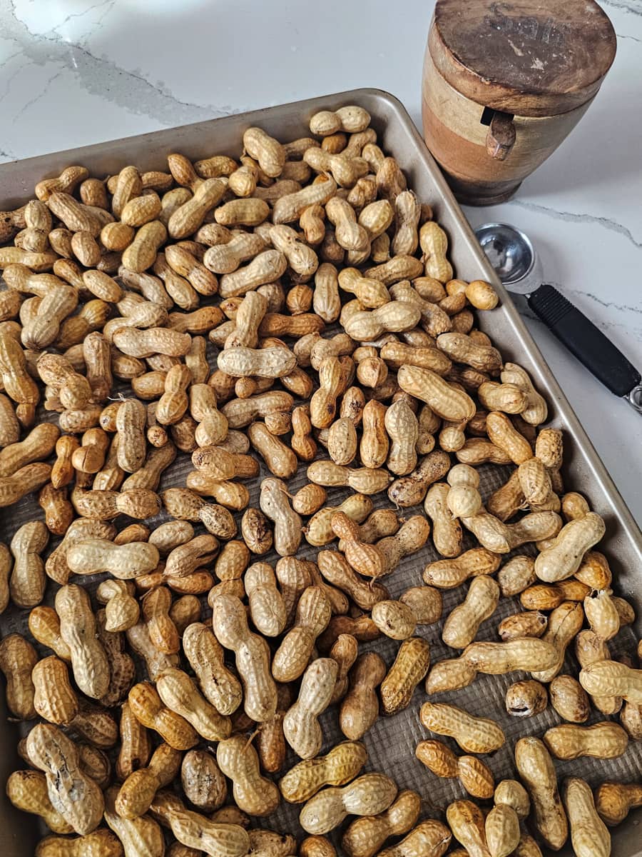 Raw peanuts on a tray.