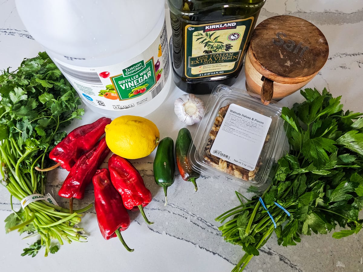 Assorted peppers and other ingredients for making shatta.