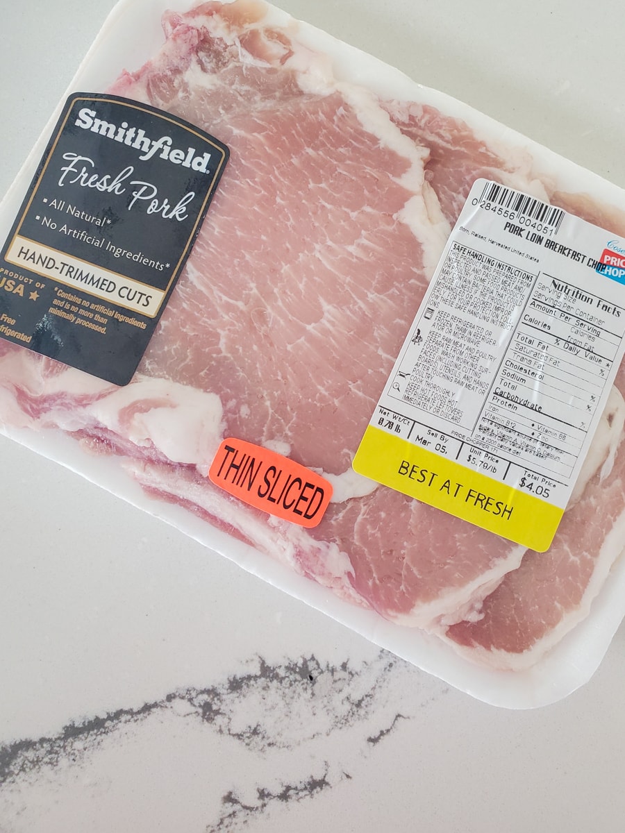 Package of thin sliced pork loin breakfast chops.